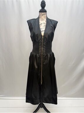 Anthropologie Black Faux-Leather Midi Dress with Gold Zip